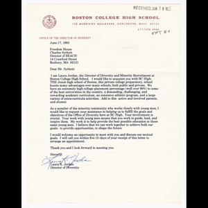 Letter from Laura K. Jordan to Charles Syrkett about Office of Diversity at Boston College High School