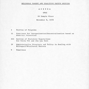 Agenda for a meeting of bilingual parent and coalition groups on November 8, 1978