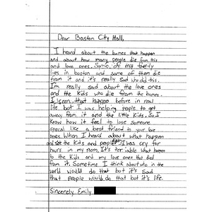 Letter to the city of Boston from a student at Jasper Junior High School (Jasper, Texas)