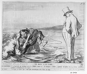 Le BAIN A LA LAME. LE BAIGNEUR: Y n'faut pas qu'madame crie et s'débatte comme ça..... Si madame s'débat j'pourrai la lacher et si j'lâche madame, madame n'manquera pas de s'noyer. LE MARI: C'est égal je croyais que c'était plus amusant que ça les Bains de mer.