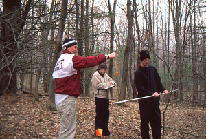 ENVI 102 - Introduction to Environmental Science - Ford Glen Brook Field Site. 9. Left to right: Peter Walke, Bethie Miller, Nat Gerhart (all Class of 2003).