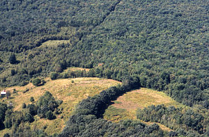 Aerial color image of eastern toe of Taconic Range with Bernardy Farm and abandoned long-distance telephone line visible near Old Petersburg Road.