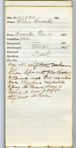 Tewksbury Almshouse Intake Record: Worcester, Clara