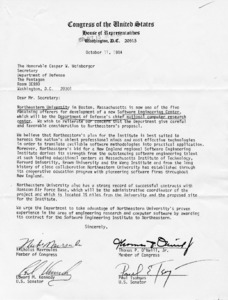 Letter to Caspar W. Weinberger from Senators Paul E. Tsongas and Edward M. Kennedy, and (11) members of the House regarding Northeastern University Proposal