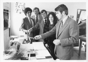 Black and white photograph Tsongas, Mayor Charles Smith and three others on Earth Day 1980