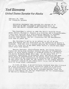Statement from Senator Ted Stevens in reaction to the President's announcement to name the Arctic Wildlife Range after Justice William O. Douglas