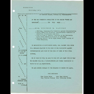 Flier advertising Freedom House Coffee Hour featuring Mildred Mahoney of the Massachusetts Commission Against Discrimination