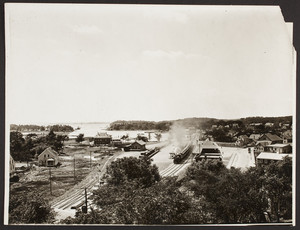 Town Railway Station and Harbor, Birdseye View from Spy Rock, Manchester by the Sea, Mass., undated