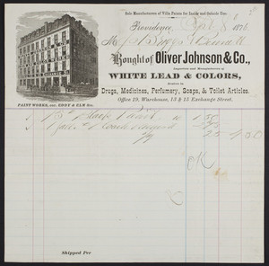 Billhead for Oliver Johnson & Co., importers and manufacturers of white lead & colors, office 19, warehouse, 13 & 15 Exchange Street, Providence, Rhode Island, dated September 8, 1876