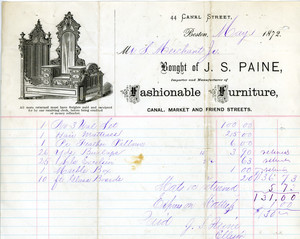 Billhead for J.S. Paine, importer and manufacturer of fashionable furniture, 44 Canal St., Boston, Mass., May 1, 1872