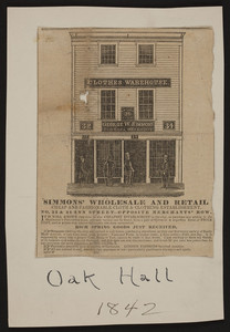 Advertisement for George W. Simmons Clothes Warehouse, No. 32 & 34 Ann Street, opposite Merchants' Row, Boston, Mass., 1842
