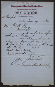 Billhead for F.W. Sargent, dry goods, 74 Bedford Street, Boston, Mass., dated December 29, 1882