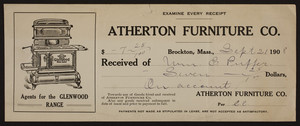 Receipt for the Atherton Furniture Co., furniture leasing, Brockton, Mass., dated September 21, 1908