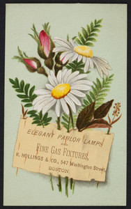 Trade card for R. Hollings & Co., elegant parlor lamps and fine gas fixtures, 547 Washington Street, Boston, Mass., 1877