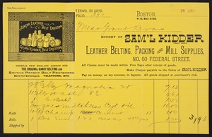 Billhead for Sam'l Kidder, leather belting, packing and mill supplies, No. 60 Federal Street, Boston, Mass., dated May 24, 1893