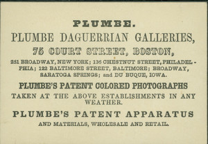 Trade card for Plumbe Daguerrian Galleries, 75 Court Street, Boston, Mass., undated