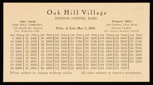 Price list, Oak Hill Village, Oak Hill Company, property office, 130 Country Club Road, Newton Centre, Mass.