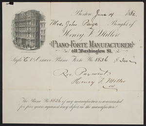 Billhead for Henry F. Miller, piano-forte manufacturer, 611 Washington Street, Boston, Mass., dated June 14, 1882