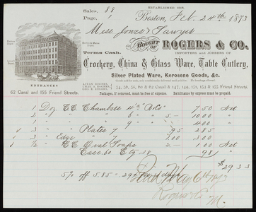 Billhead for Rogers & Co., importers and jobbers of crockery, china & glass ware, table cutlery, 155 Friend and 62 Canal Streets, Boston, Mass., dated February 24, 1873