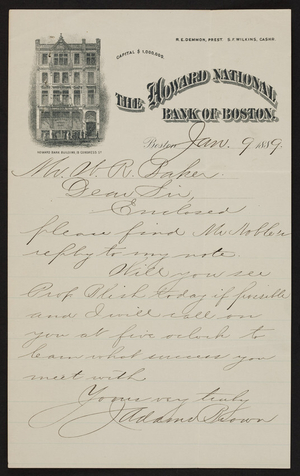 Letterhead for The Howard National Bank of Boston, 19 Congress Street, Boston, Mass., dated January 9, 1889