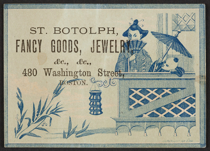 Trade card for the St. Botolph, fancy goods, jewelry, 480 Washington Street, Boston, Mass., undated