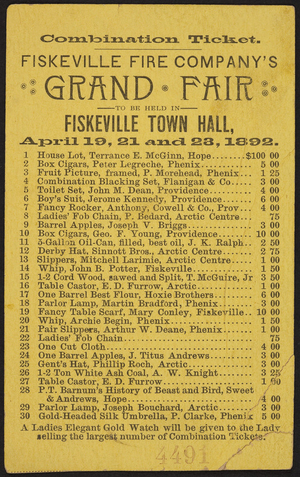Combination ticket for the Fiskeville Fire Company's Grand Fair, Fiskeville Town Hall, Fiskeville, Rhode Island, April 19, 21, and 23, 1892