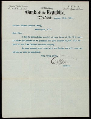 Charles H. Stout/National Bank of the Republic to Thomas Lincoln Casey, January 15, 1894