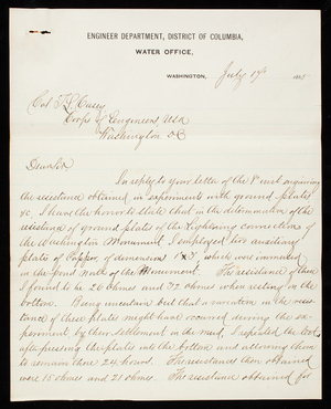 [Charles] D. [illegible]/Engineer Department Water Office to Thomas Lincoln Casey, July 17, 1885
