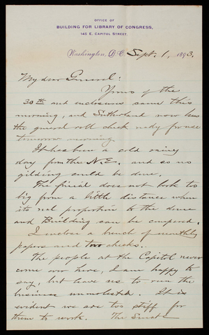 [Bernard. R.] Green to Thomas Lincoln Casey, September 1, 1893
