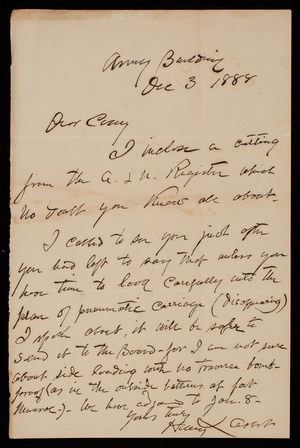 Henry L. Abbot to Thomas Lincoln Casey, December 3, 1888