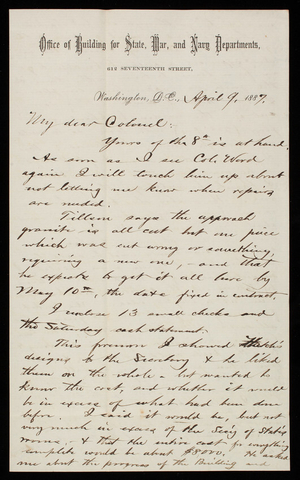 Bernard R. Green to Thomas Lincoln Casey, April 9, 1887