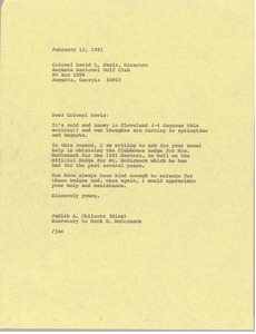 Letter from Judith A. Chilcote to Colonel David L. Davis