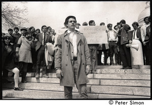 Demonstration on steps of the Massachusetts State House following the assassination of Martin Luther King: white demonstrator wearing Resistance arm band