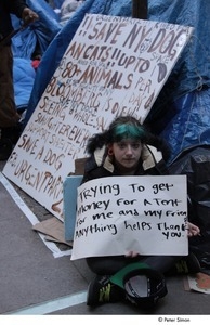 Occupy Wall Street: girl holding a sign reading, 'trying to get money for a tent for me and my friends'