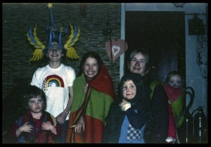 Children dressed up (for Halloween?), one wearing a No Nukes hat, Montague Farm commune