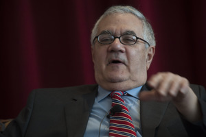 Close-up of Congressman Barney Frank seated on the Student Union Ballroom stage, UMass Amherst, during his book event