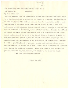 Letter from W. E. B. Du Bois to Soviet Ambassador