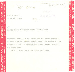 Telegram from Beijing da xue to Shirley Graham Du Bois