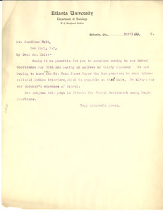 Letter from W. E. B. Du Bois to Hamilton Holt