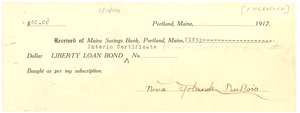 Interim certificate from the Maine Savings Bank for a Liberty Loan Bond