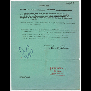 Complaint form from Helen W. Johnson of 40 Maywood Street concerning trash and abandoned houses on Maywood Street, Hazel Park, and Warren Street