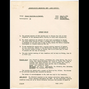 Agenda and minutes from Clergy Committee on Renewal meeting held June 8, 1962