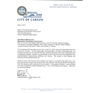 Letter from the city of Carson to Mayor Menino and the Boston City Council