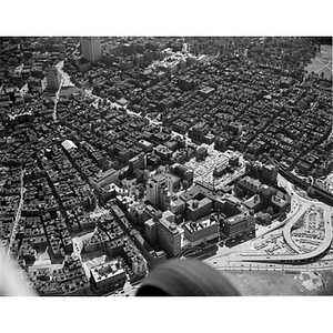 West End area view and Beacon Hill to Bowdoin Square, airplane wheel visible, Boston, MA