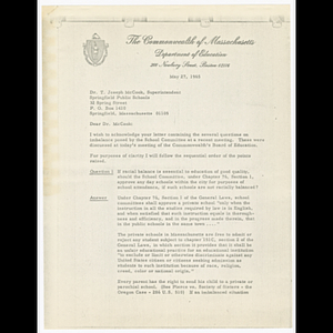 Letter from Owen B. Kiernan to T. Joseph McCook concerning racial imbalance questions at Massachusetts Board of Education meeting