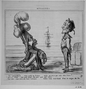 - Eh! mon gaillard....., vous voilà en France...... mais qu'est-ce que vous allez faire?.... - Moi pas savoir....... bon petit blanc..., dis-moi qué faire. - Une idée.... vous avez un bon costume......... faites-vous marchand d'eau de cologne des îles....