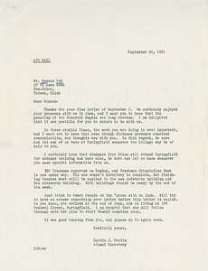 Letter from Calvin Martin to Gunsun Hoh (September 20, 1961)