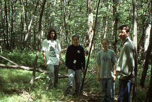Hayscented Fern Study. 18. Left to right: Andrew Werbrock (Class of 2000), Paola Peacock (Mt. Greylock Regional H.S.), Jessica Tierney (Pittsfield H.S.), and Philip Bartels (Mt. Greylock Regional H.S.), in permanent plot near Taconic Crest.
