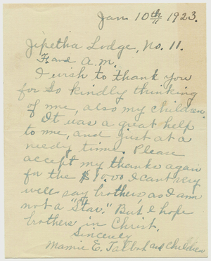 Letter from Mamie E. Talbot to Jephtha Lodge, No. 11, 1923 January 10