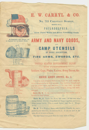 Army and Navy goods and camp utensils of every description, fire arms, swords, etc., about 1861